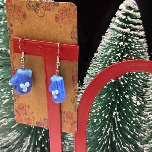 Blue Mitten Lampwork Earrings with Floral Design- unique 2/$22